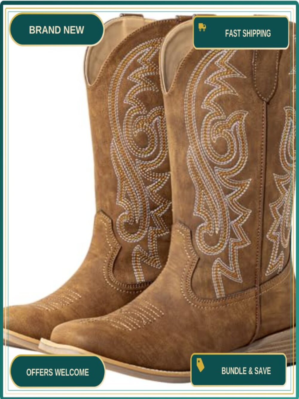 Extra Wide Calf Cowboy Boots Women Square Toe Faux Leather Mid-Calf Embroidered